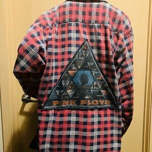 Upcycled Pink Floyd Red and Blue Plaid Flannel Men's Shirt XL * One of a Kind!